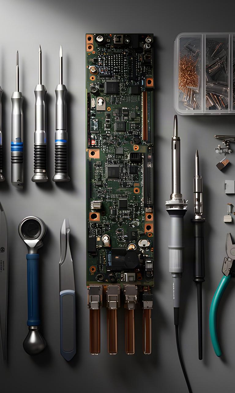 Herramientas de precisión ordenadas junto a una placa electrónica durante una reparación