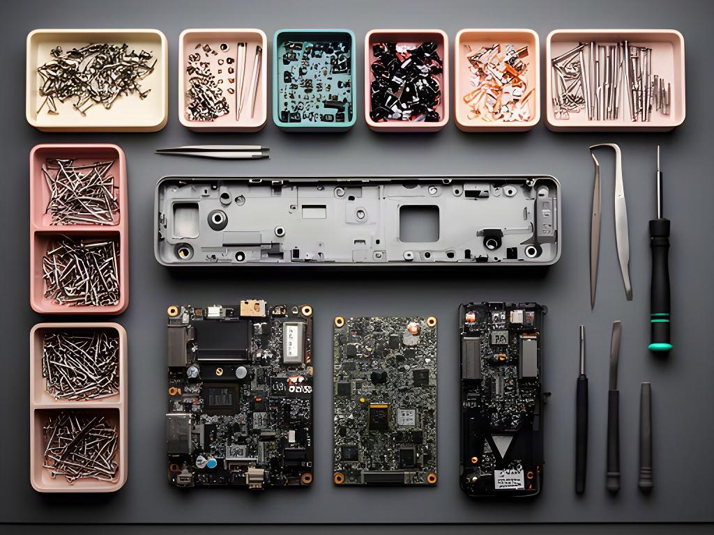 Dispositivo electrónico desmontado sobre una mesa de reparación con piezas clasificadas