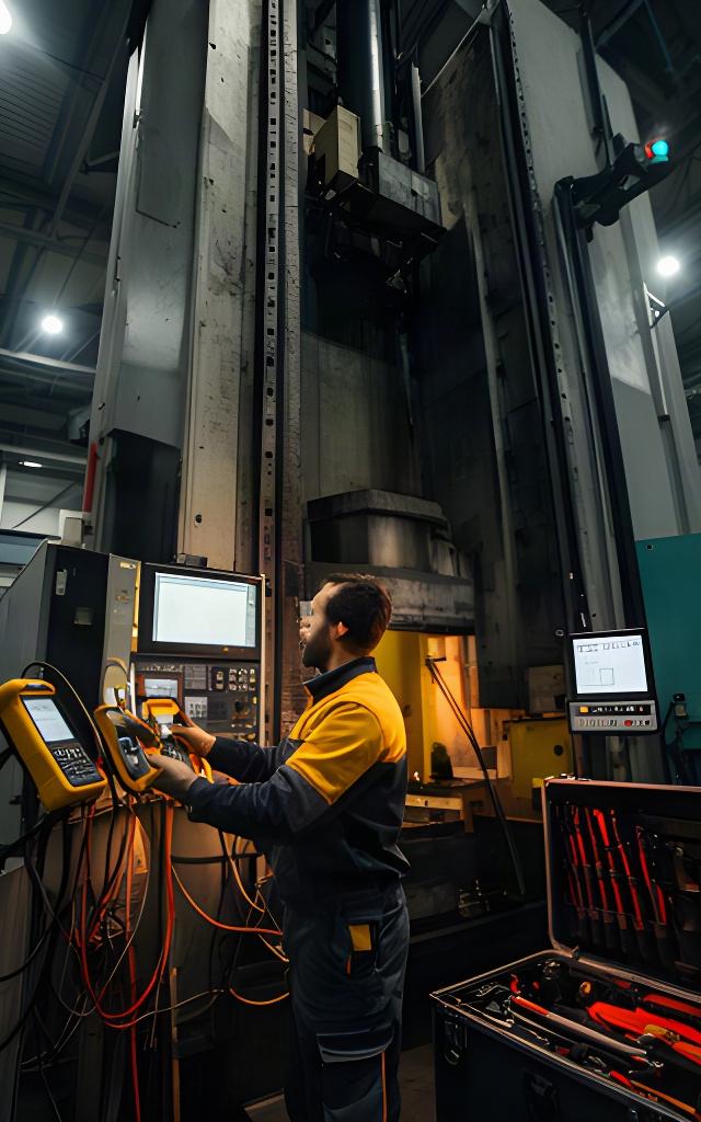Técnico comprobando una máquina industrial con herramientas de diagnóstico en una nave de trabajo