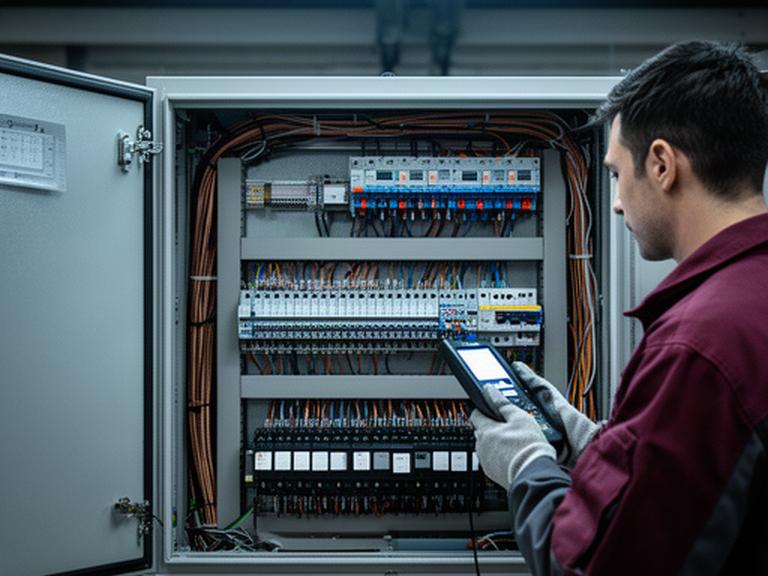 Panel de control industrial inspeccionado durante una comprobación preventiva