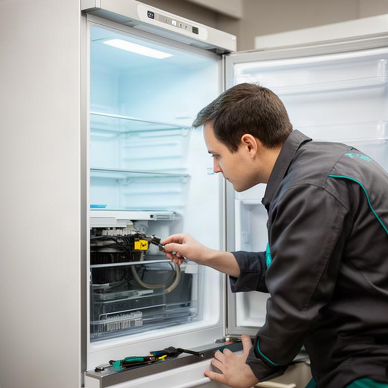 Técnico comprobando el interior de un frigorífico durante una revisión de funcionamiento