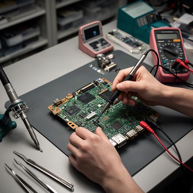 Técnico comprobando una placa electrónica de consumo con instrumentos de medición