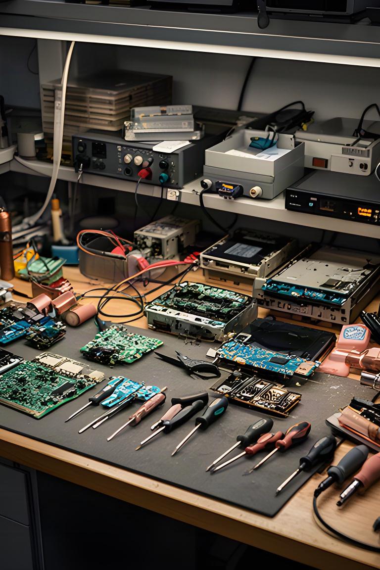 Banco de trabajo en Sabadell con herramientas, placas electrónicas y equipos abiertos en reparación